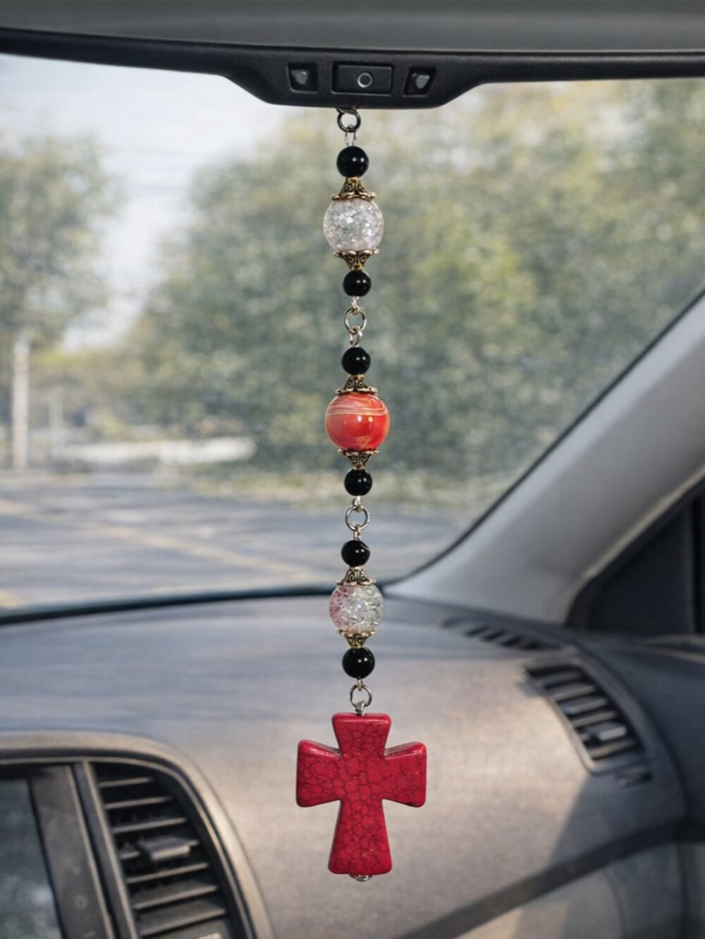 Red Cross Car Mirror Charm • Beaded Rearview Mirror Accessory • Handmade - Picture 2 of 2